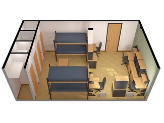 Allen Hall quad room 3d image with four beds and four desks