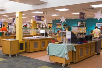 Allen Hall brightly colored dining hall with buffet style serving