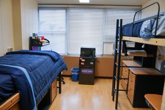 Double room with one lofted bed and one standard height bed, microwave, fridge and desks