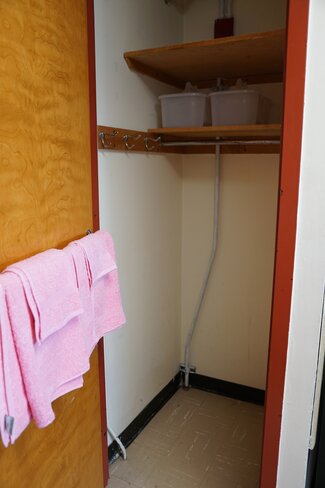 Closet with overhead storage and towel rack