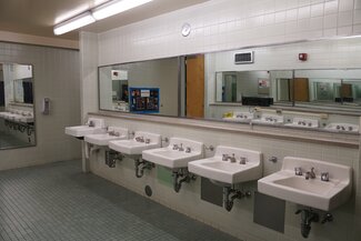 Communal bathroom with long row of sinks and mirror