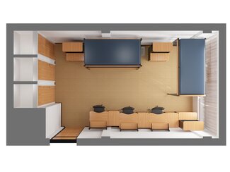 3D image of Corner triple with three beds, desks and closets