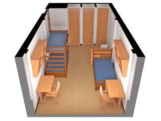3D Layout of Snyder Triple Room with three beds and desks