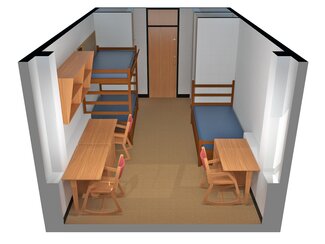 3D Layout of Snyder Double Room with two beds and desks