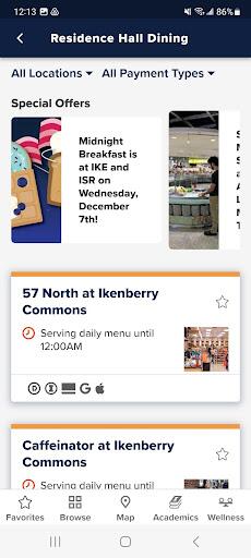 screenshot of Illinois app dining locations section